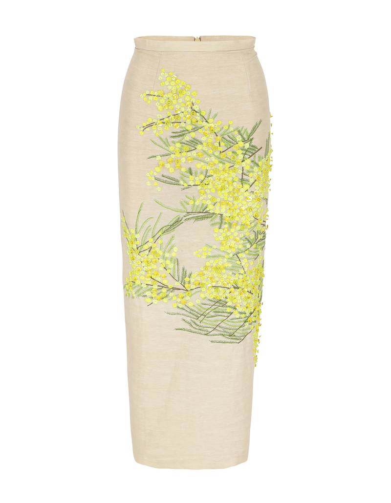Bernadette Antwerp skirt Norma is an ankle-length pencil skirt made from linen fabric and adorned with hand-embroidered mimosa print on a beige base.