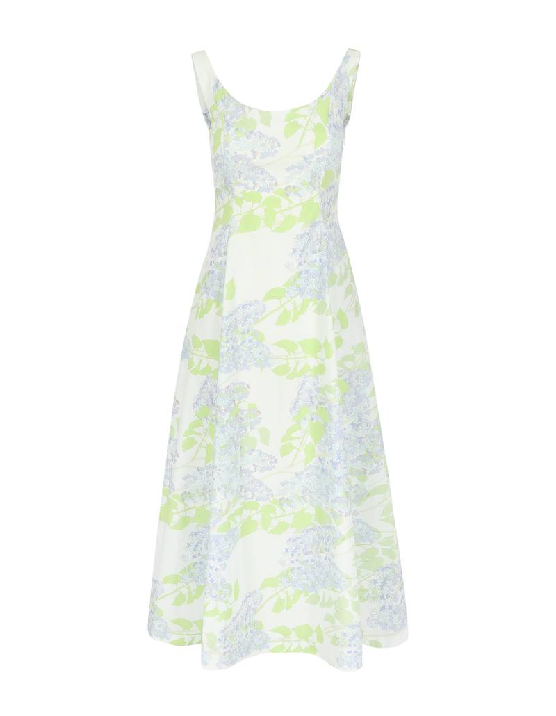 Bernadette Antwerp dress Maudette is made from cotton, features wide straps sleeves, an accentuated waistline, and a boat neckline that flows into a voluminous ankle-length gown. Evening wear dress adorned with Lilacs floral print in colors Blue and White. 