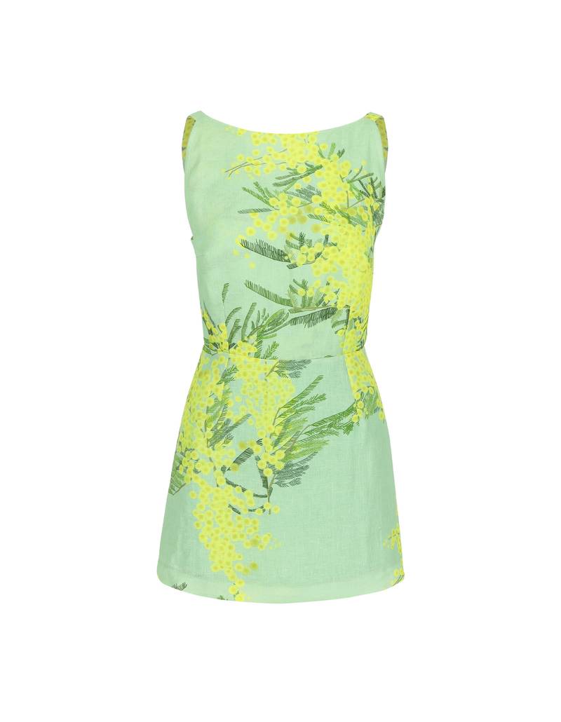 Bernadette Antwerp dress Kimberly is a short dress made from linen featuring a straight neckline and shoulder straps that run over the open back elegantly. Adorned with the Mimosa print on mint drawn in-house. 