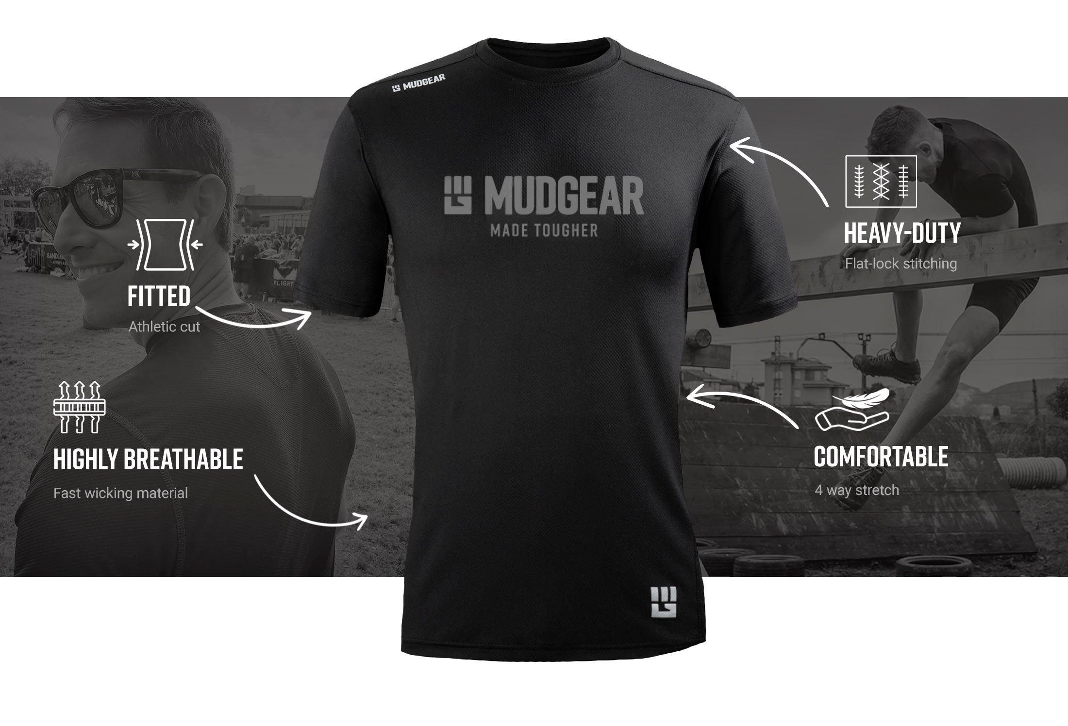 Infographic of MudGear Made Tougher Men's Fitted Performance Shirt VX - Short Sleeve (Black)