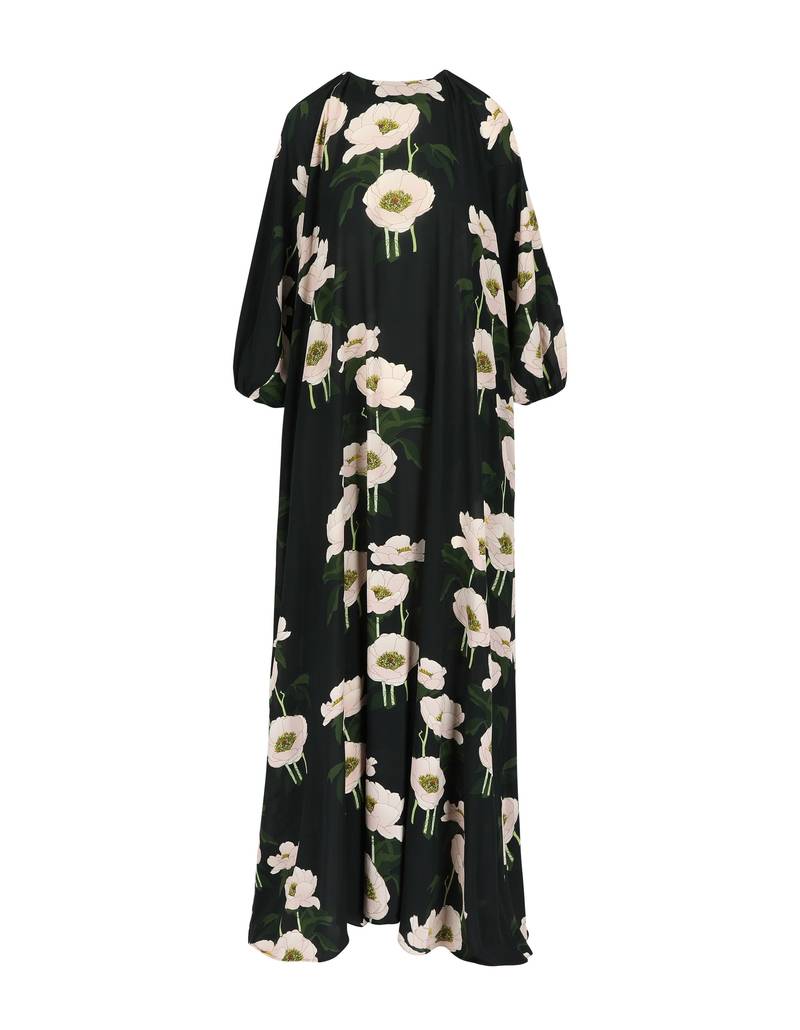 Bernadette Antwerp dress Frida is a floor length dress/ gown with long poofy sleeves and a subtle open back, adorned with the Big Peonies print on a black base.