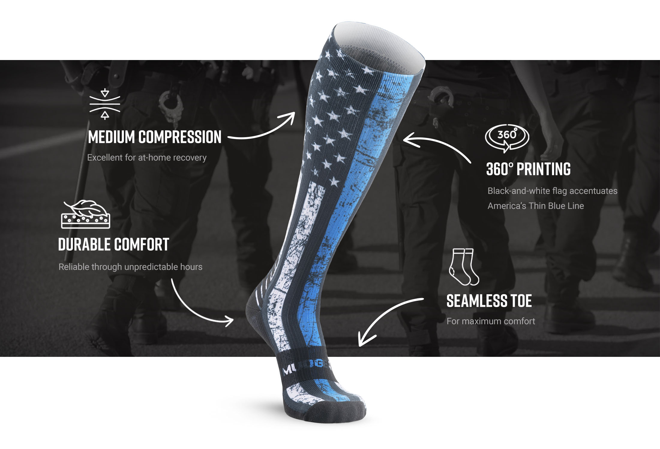 Infographic of MudGear Custom First Responder Blue Line Compression Sock (1 pair)