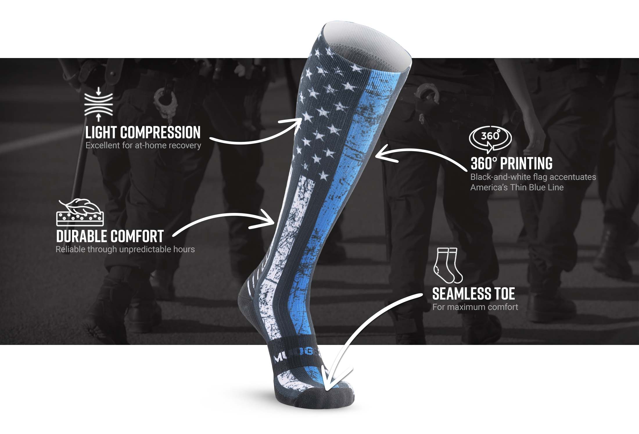 Infographic of MudGear Custom First Responder Blue Line Compression Sock (1 pair)