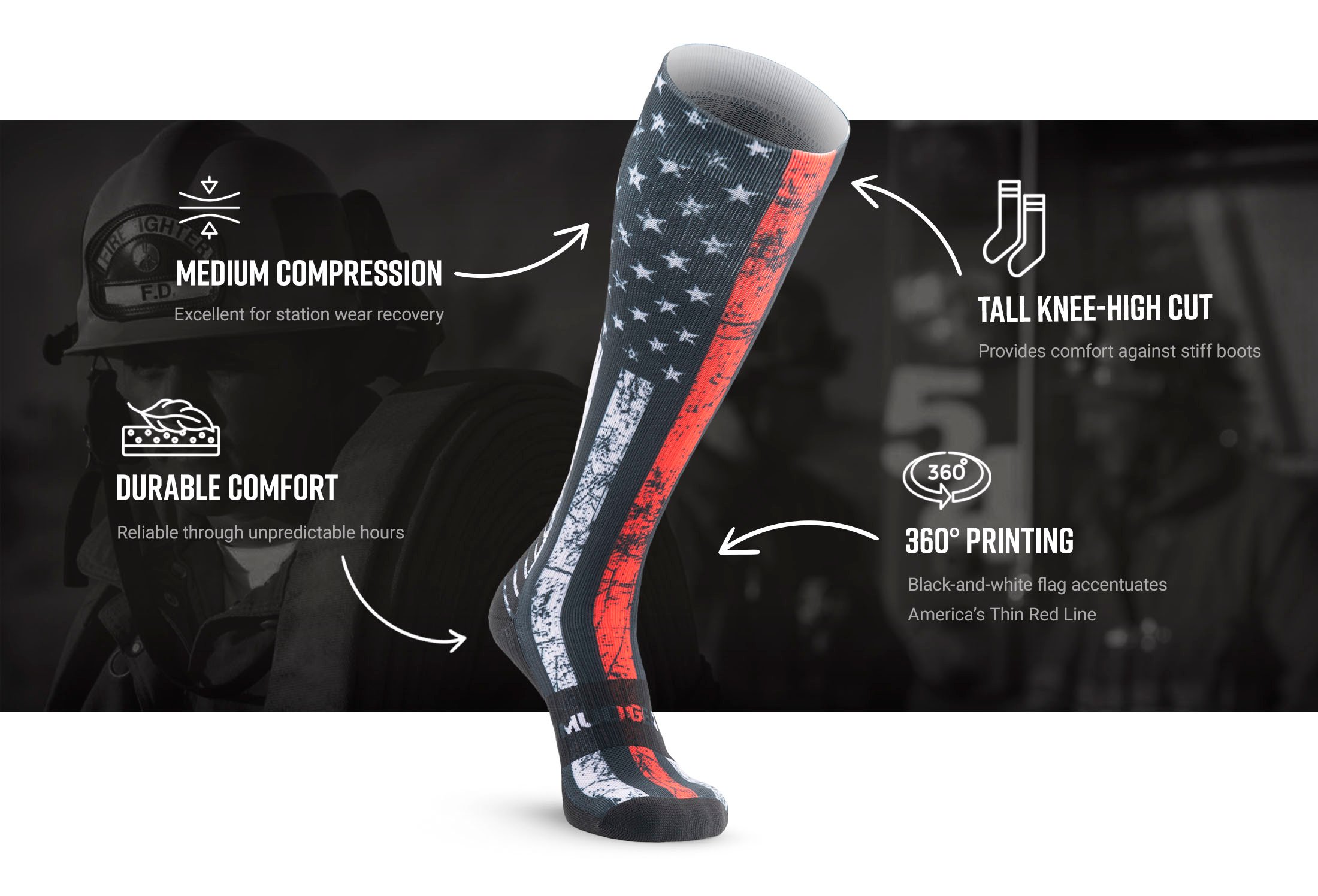 Infographic of MudGear Custom First Responder Red Line Compression Sock (1 pair)
