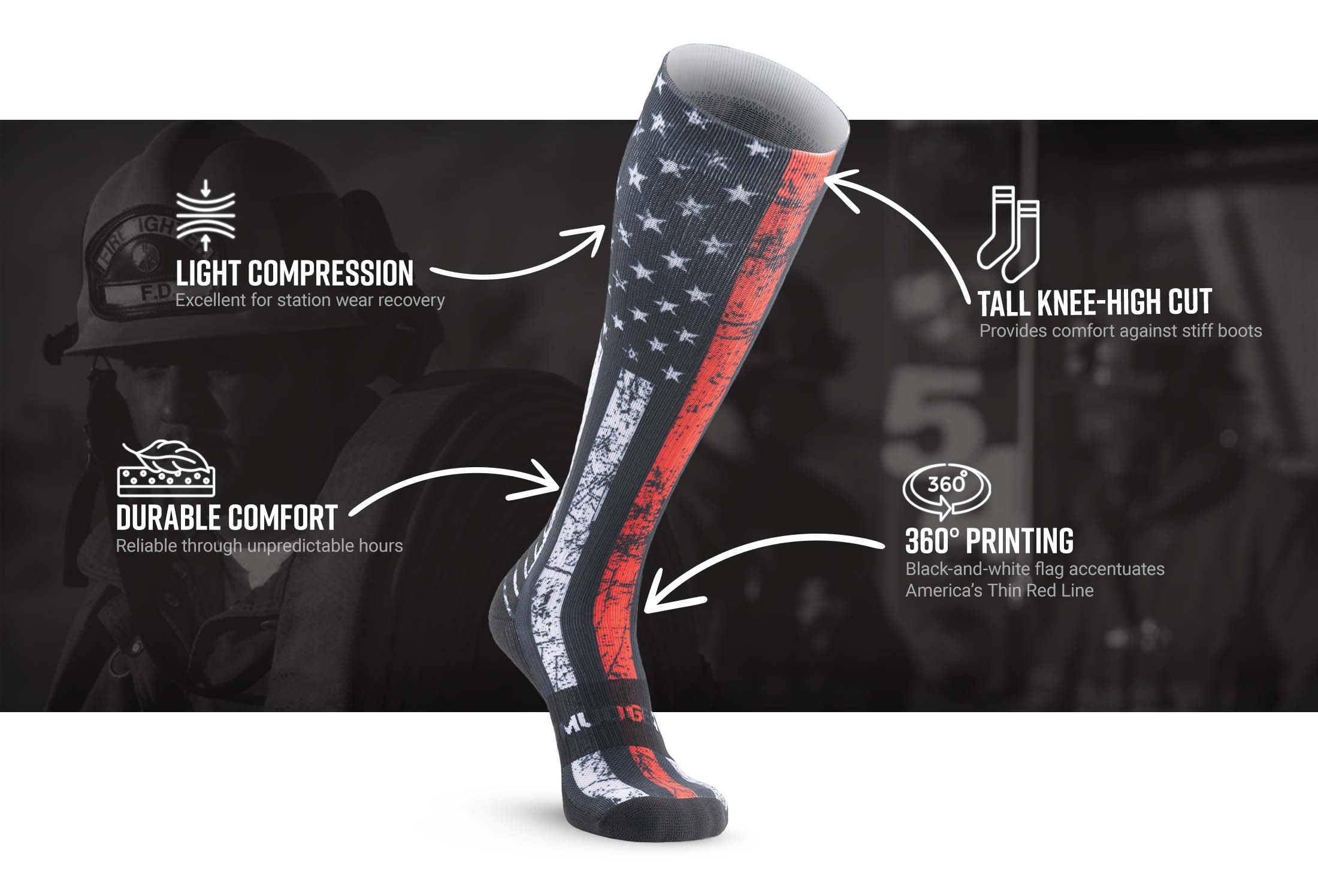 Infographic of MudGear Custom First Responder Red Line Compression Sock (1 pair)