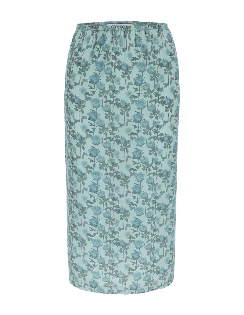 Bernadette Antwerp skirt Melissa is a mid-length skirt made from silk fabric. Printed with Small Romantics print, roses drawn by Charlotte de Geyter in the color soft blue on blue.