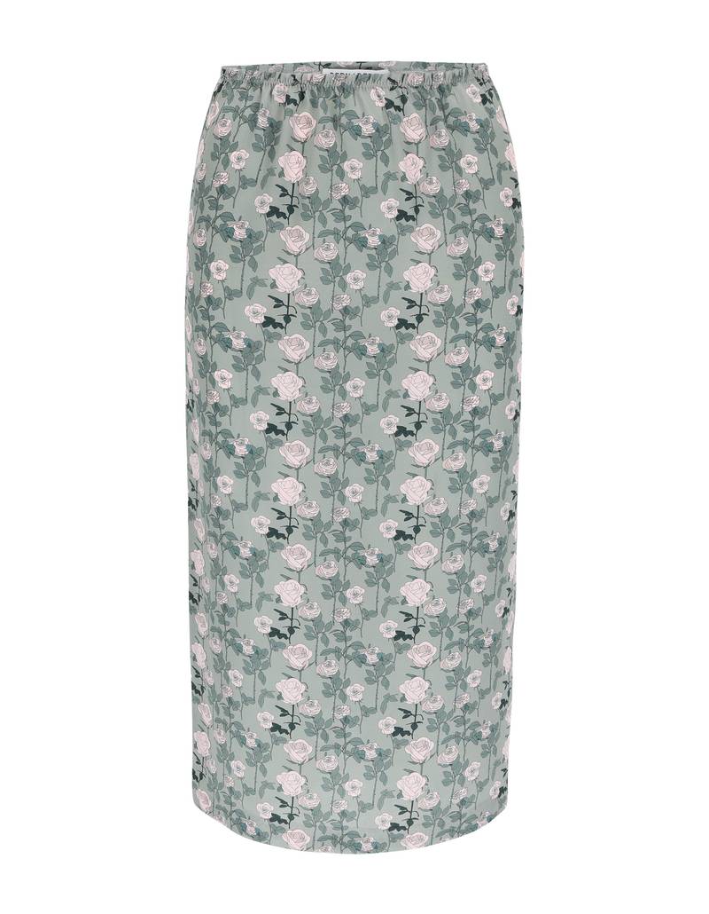Bernadette Antwerp skirt Melissa is a mid-length skirt made from silk fabric. Printed with Small Romantics print, roses drawn by Charlotte de Geyter in the color soft pink on grey.