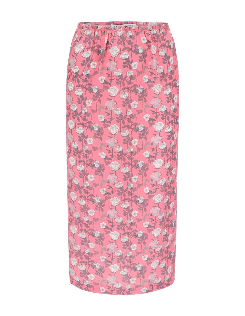 Bernadette Antwerp skirt Melissa is a mid-length skirt made from silk fabric. Printed with Small Romantics print, roses drawn by Charlotte de Geyter in the color soft pink on hot pink.