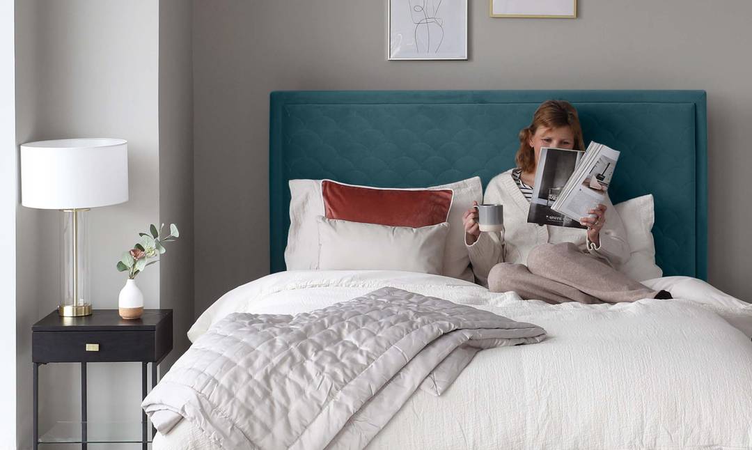 Maple Blue Scallop Headboard Super King Velvet Bed by