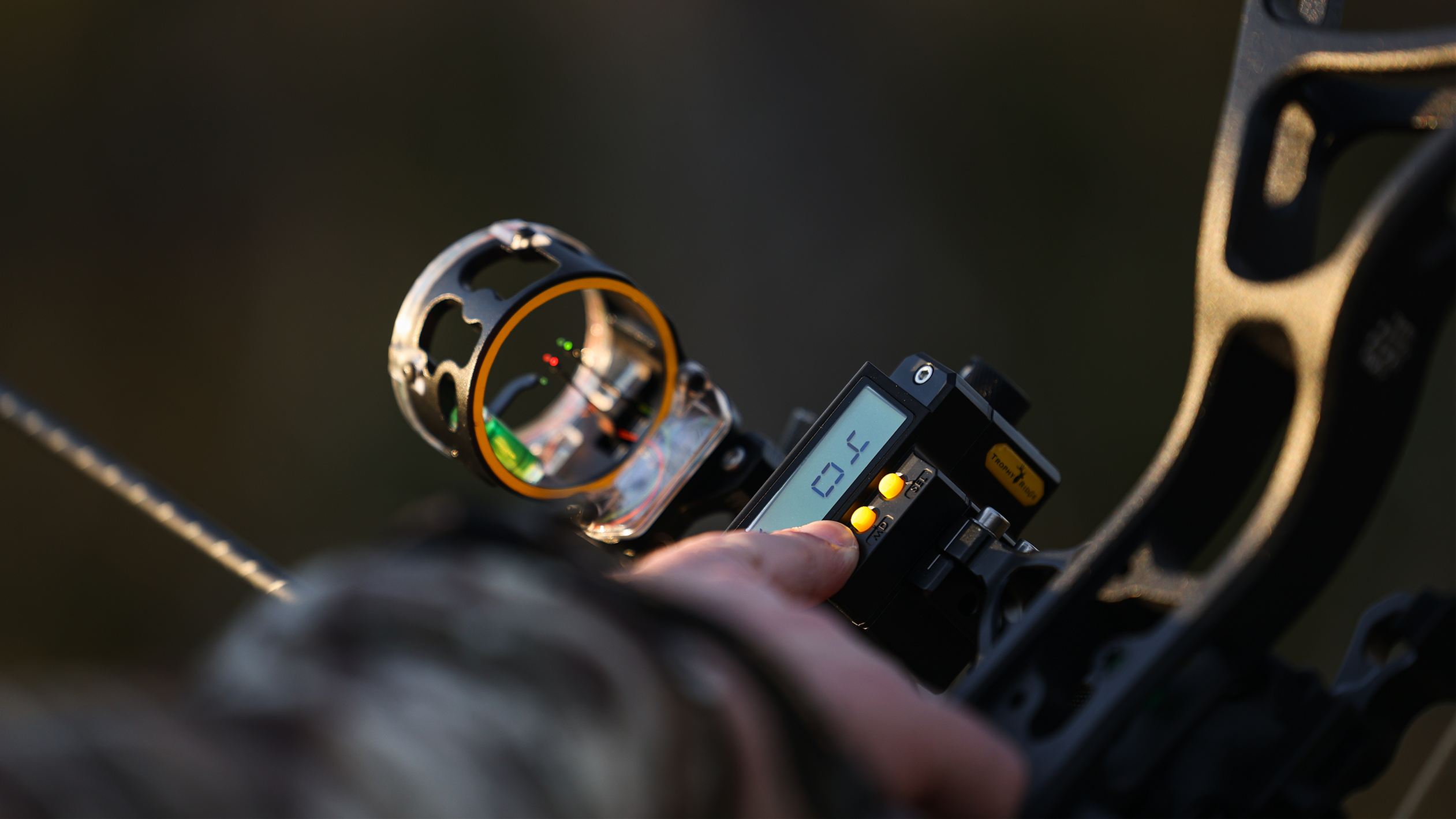 Close up of a Trophy Ridge Digital React® Trio Pro Bow Sight on a bow