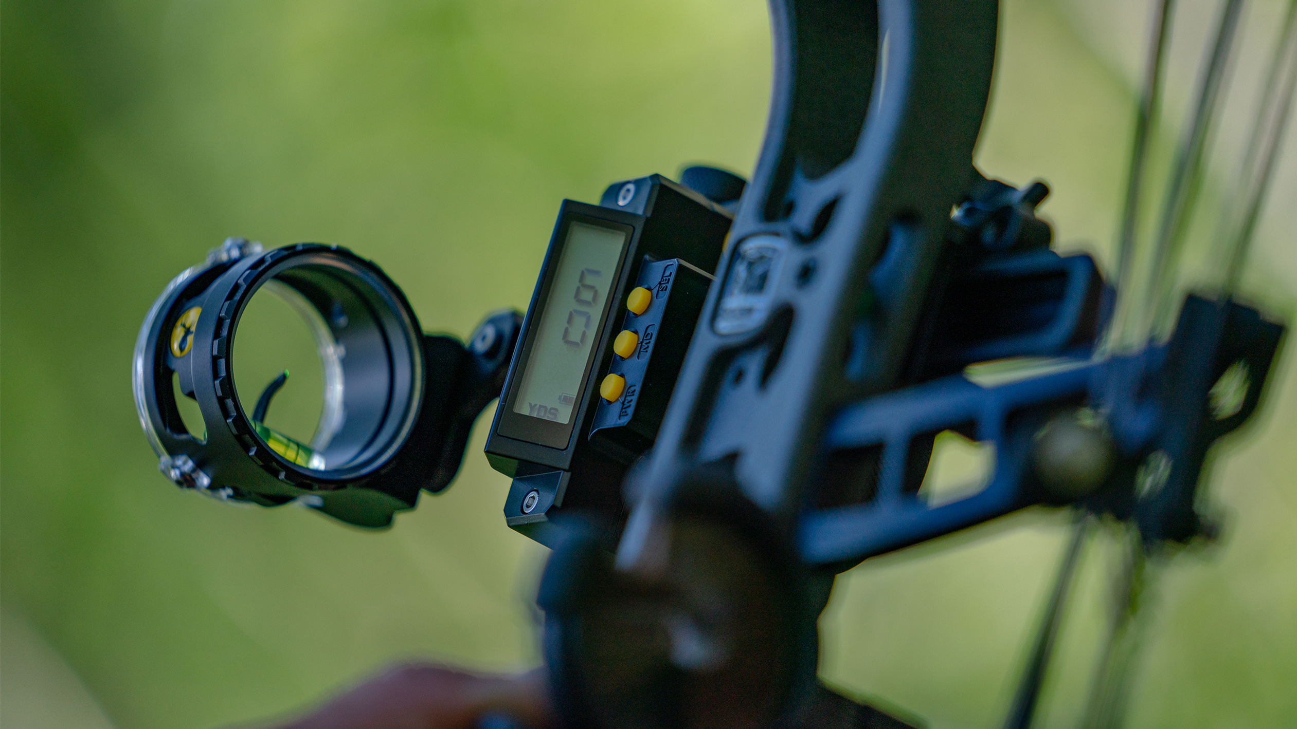 Close up of a Trophy Ridge Digital React® One Pin Bow Sight on a bow