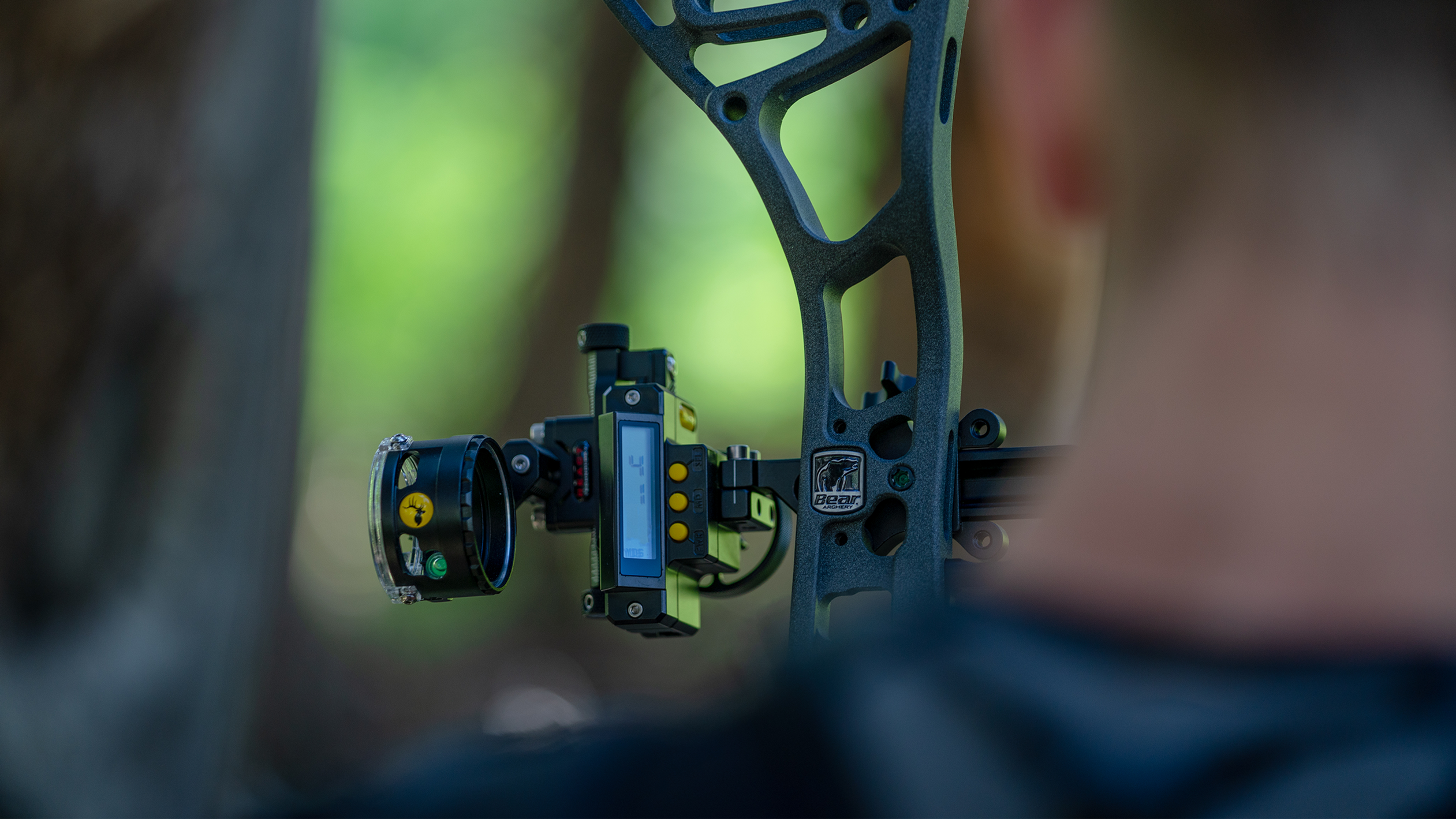 Close up of a Trophy Ridge Digital React® One Pin Bow Sight on a Bear Archery Bow