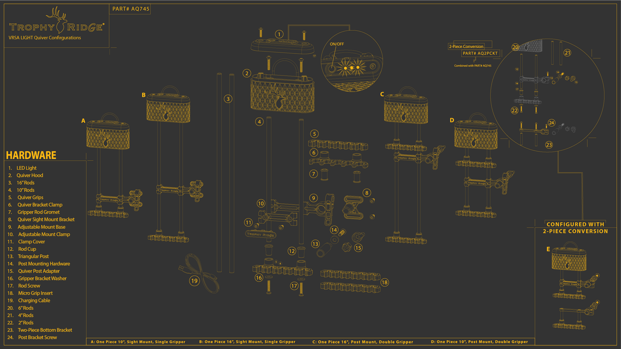 Graphic showing the different parts of a Trophy Ridge VRSA Light Bow Quiver