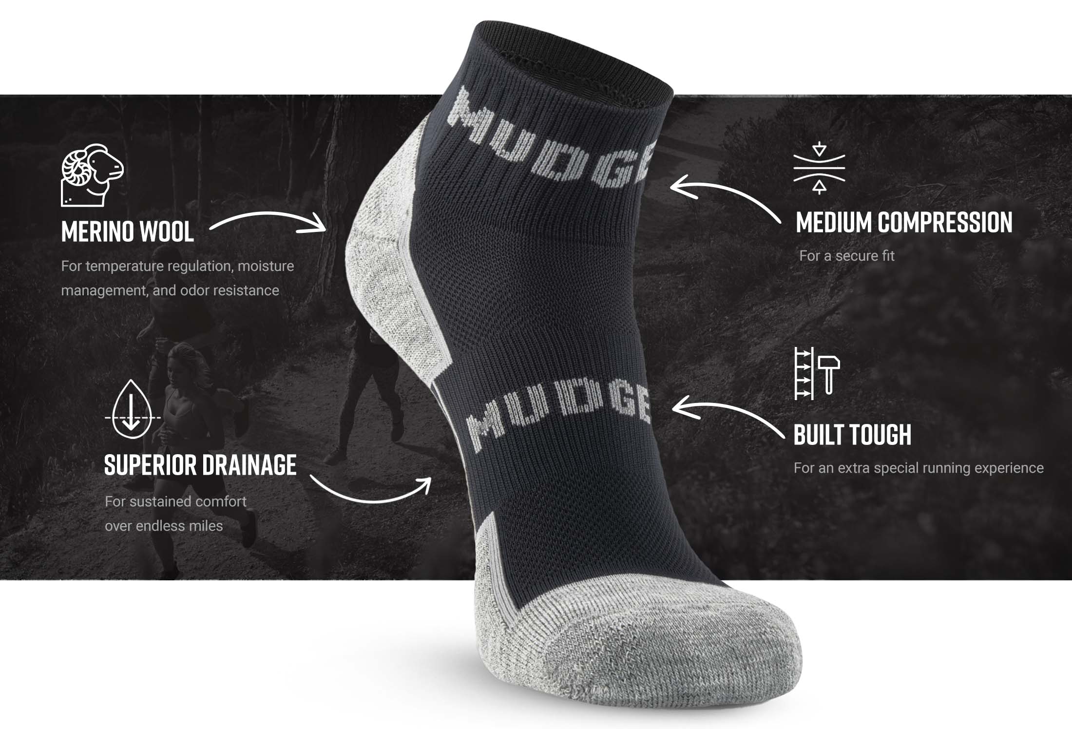 Infographic of MudGear Quarter (¼) Crew Merino Wool Socks - Black/Gray (1 Pair)