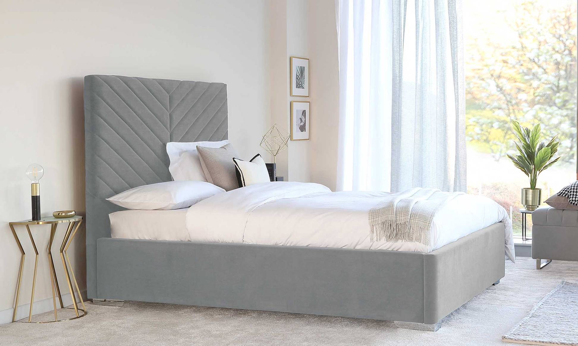 Leo Light Grey Velvet Double Bed with Storage by