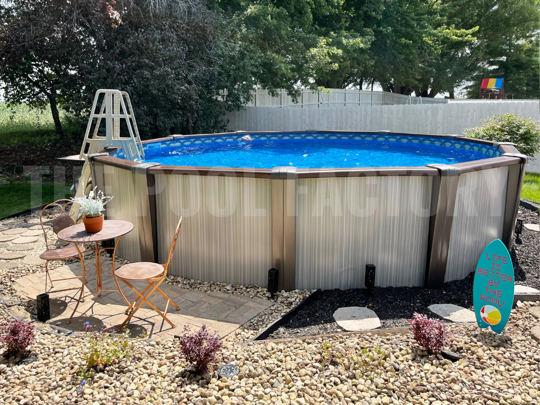 Round above ground swimming pool in a private backyard with a rustic vibe