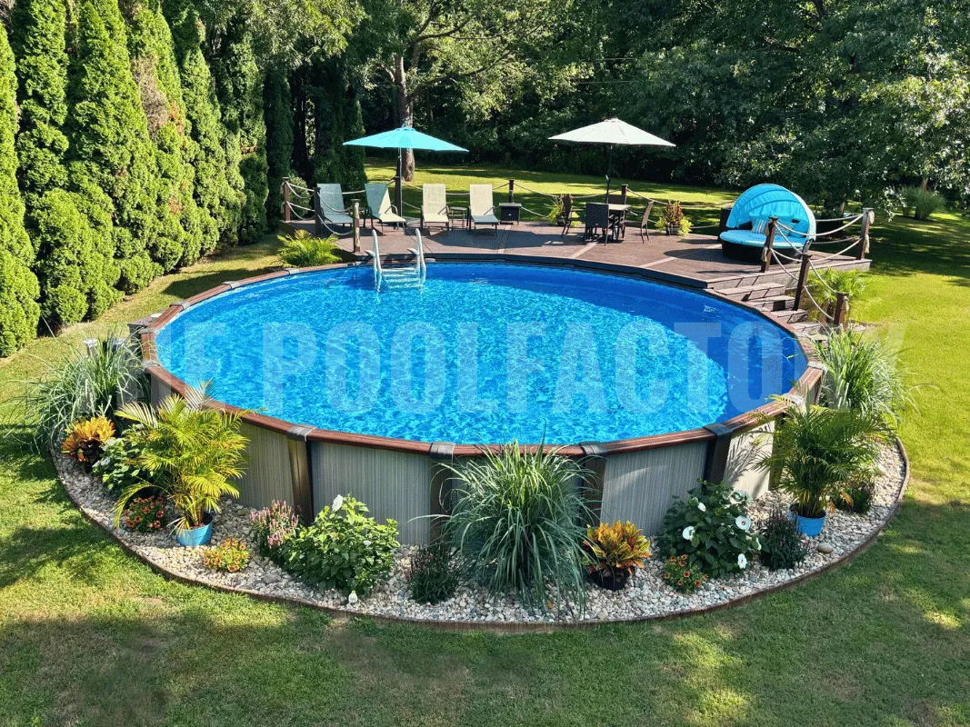 Above ground swimming pool with wooden deck and landscaped backyard featuring lush shrubs, colorful flowers, and decorative garden beds