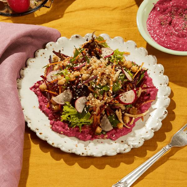 Rainbow chop bowl salad with chickpeas and pomegranate