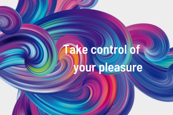 Multi-coloured swirls against text from the launch campaign - take control of your pleasure