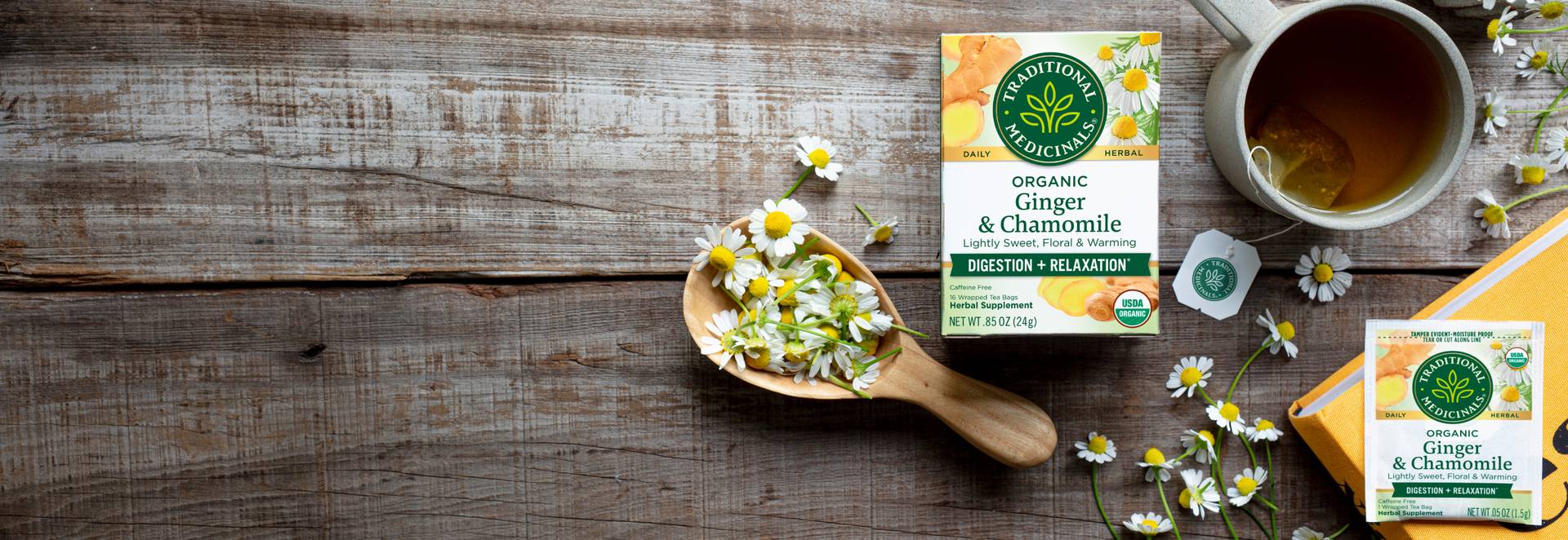 Ginger with Chamomile tea package on a table