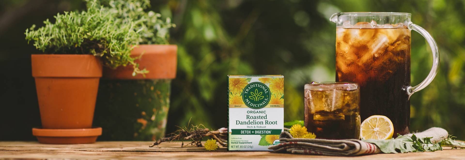 Roasted Dandelion Root in a jug and a package