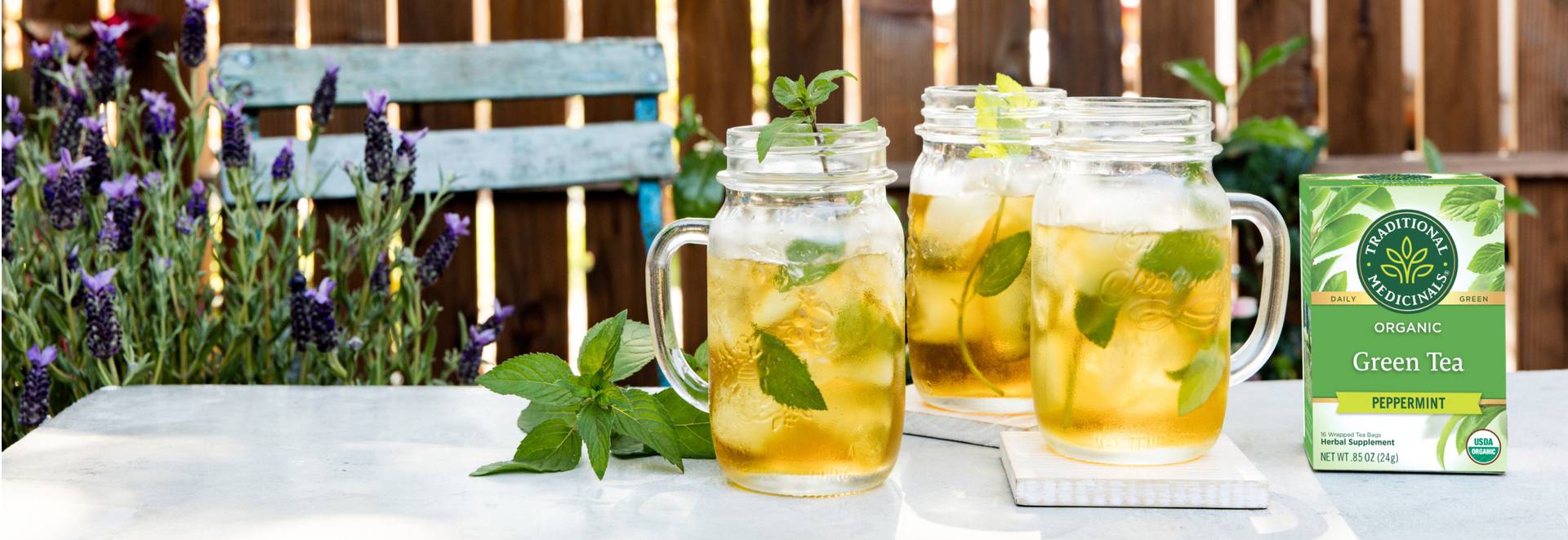 Green Tea Peppermint packages on a table