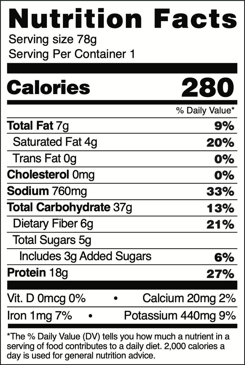 BAMnut Single Serve Noodles Nutrional Facts