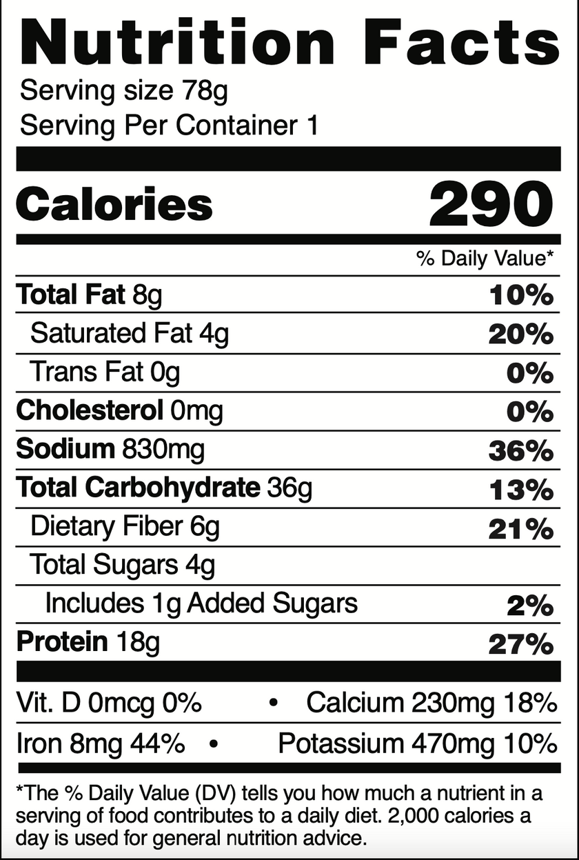 Moringa Single Serve Noodles Nutrional Facts