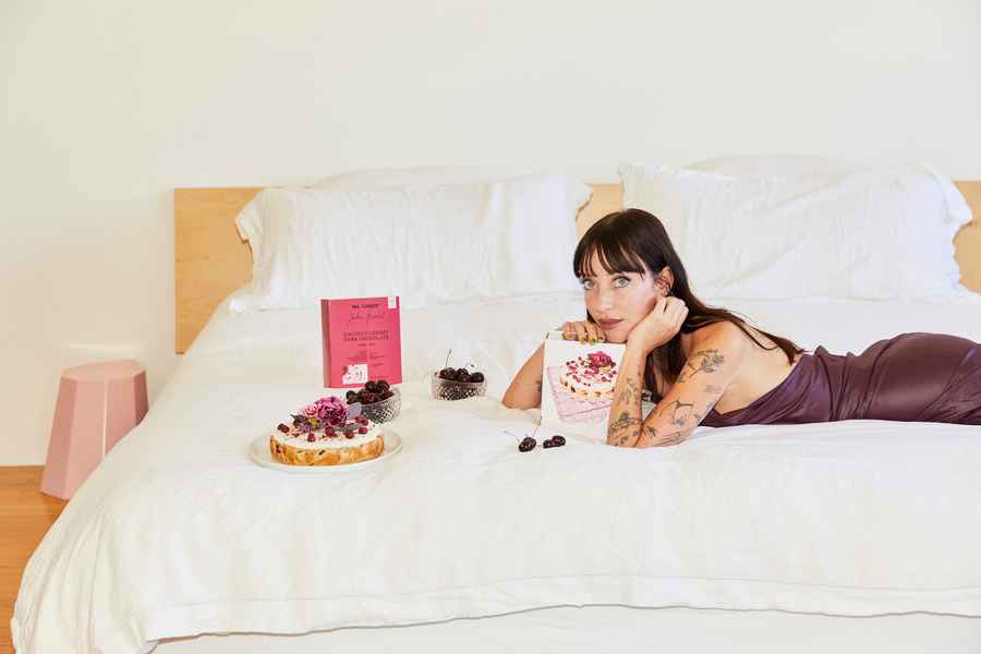 Cherry Coconut Dark Chocolate Cake KitEditorial Image of person making cake