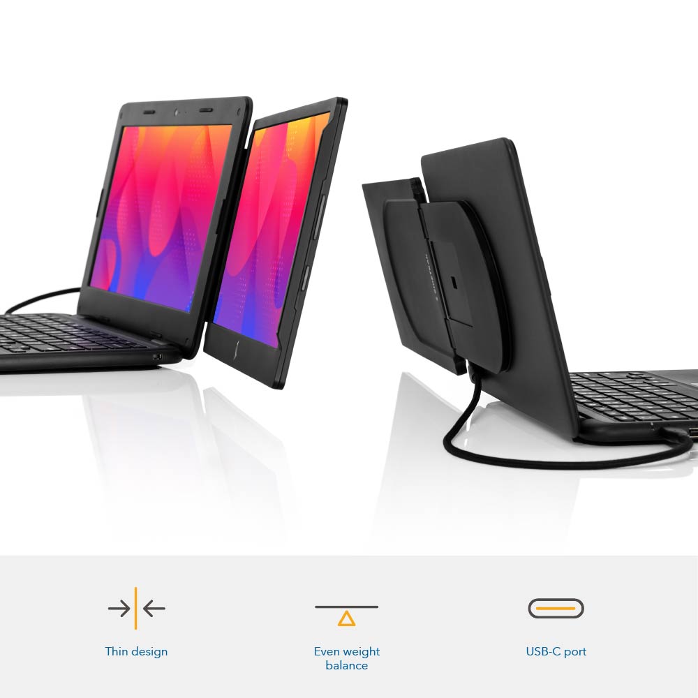 Photo depicting Photo the features of the SideTrak Swivel Essential portable monitor: thin design, USB-C connectivity, and an even weight balance