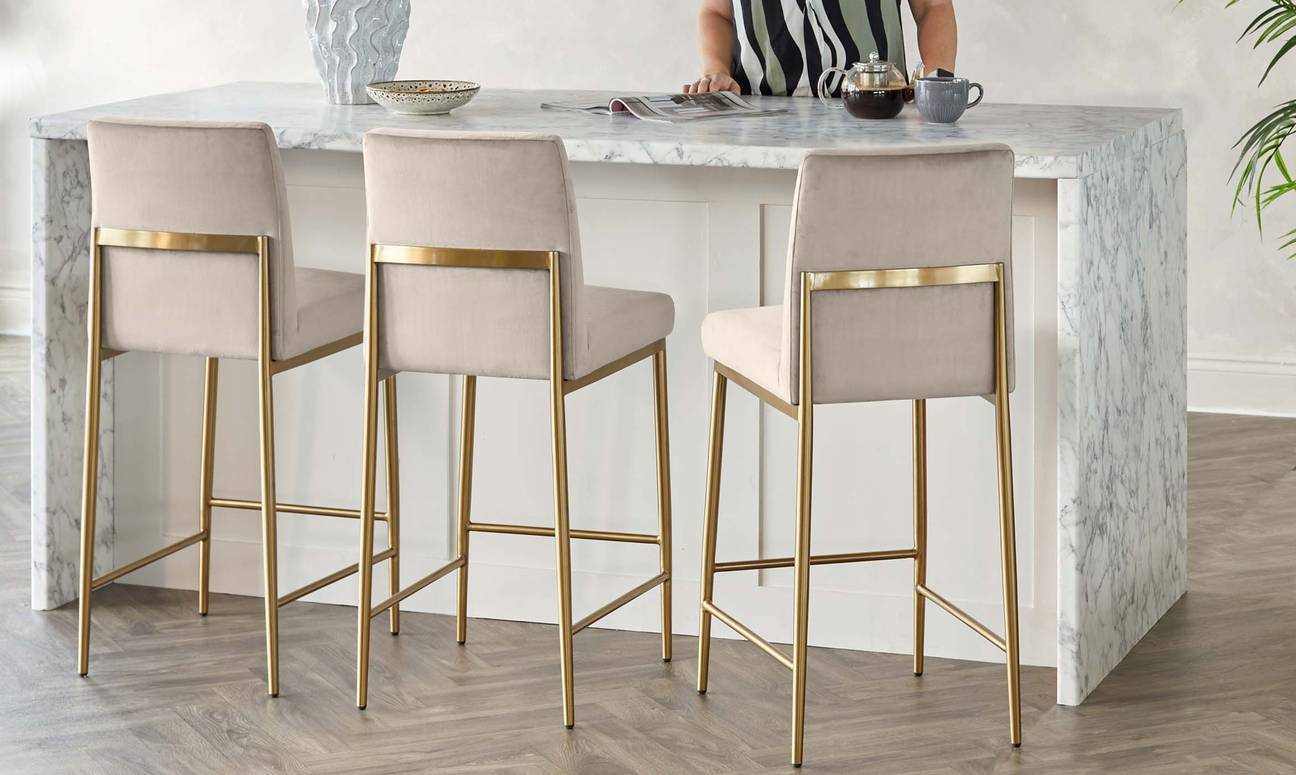 Keira Brass and Champagne Velvet Bar Stools by