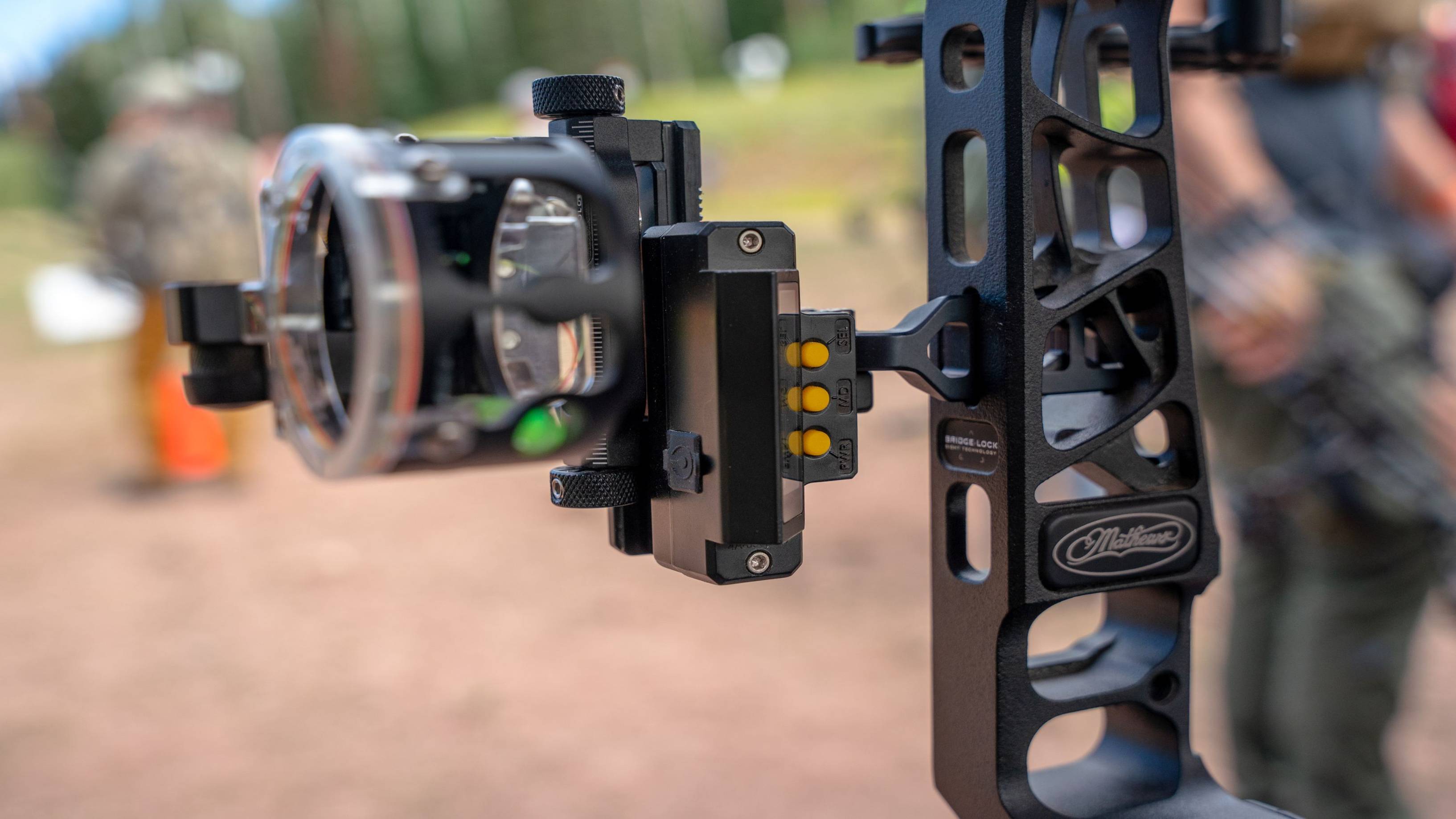 Close up of Digital React bow sight from Trophy Ridge  with Matthews Bridgelock on Matthews compound bow.