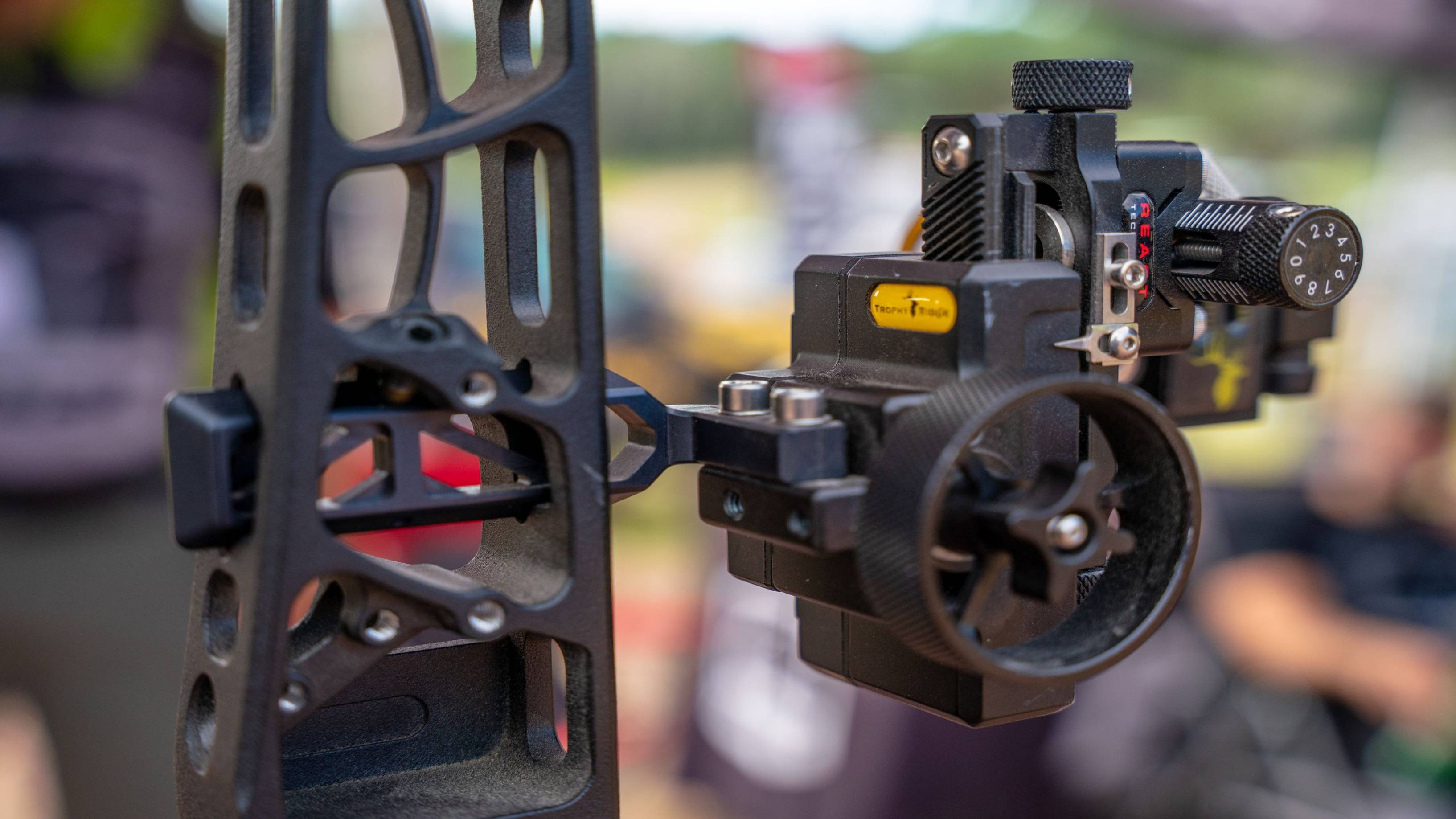 Close up of Digital Reach One Pin bow sight from Trophy Ridge with Matthews Bridgelock