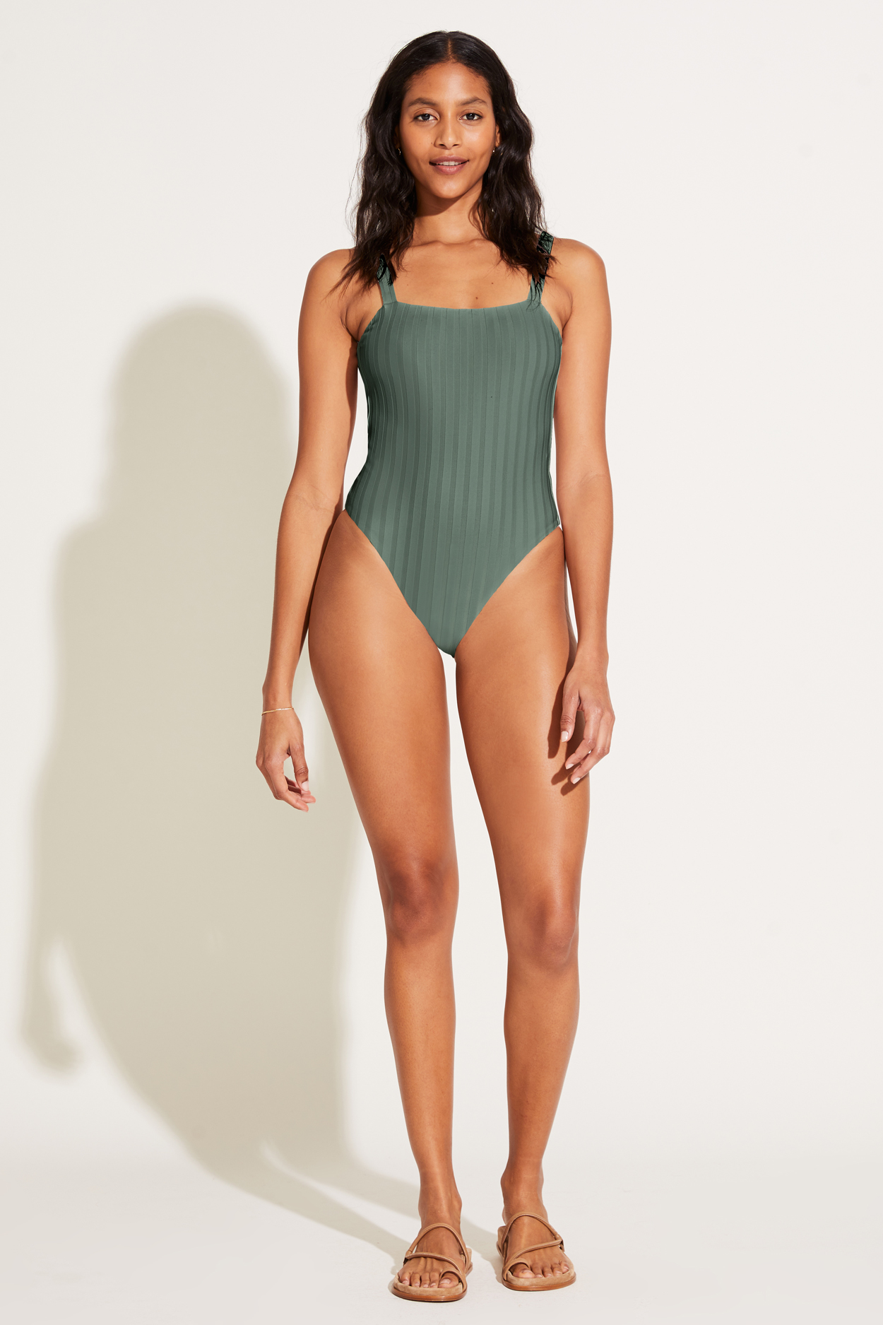 Model Posing in Leah Square Neck One Piece Suit- Aloe SuperRib- Front View