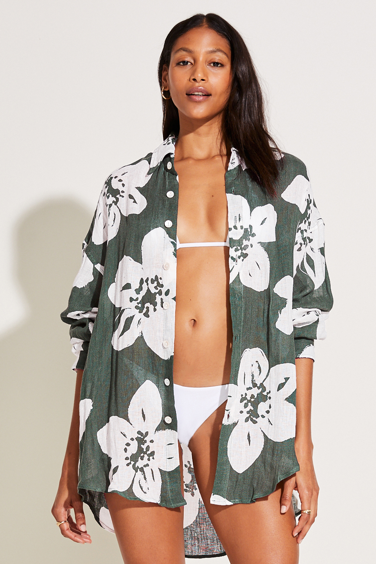 Model posing in Playa Linen Oversized Shirt- EcoLinen Gauze Aloe Bloom- Front