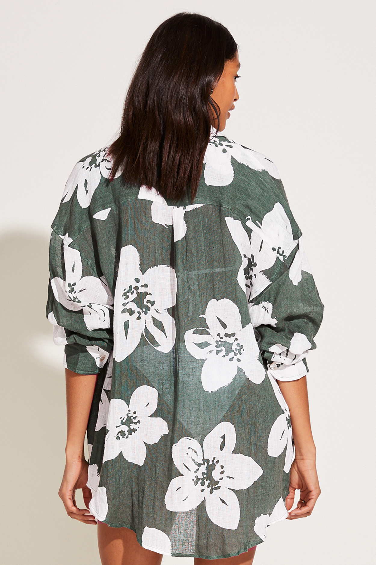 Model posing in Playa Linen Oversized Shirt- EcoLinen Gauze Aloe Bloom- Back