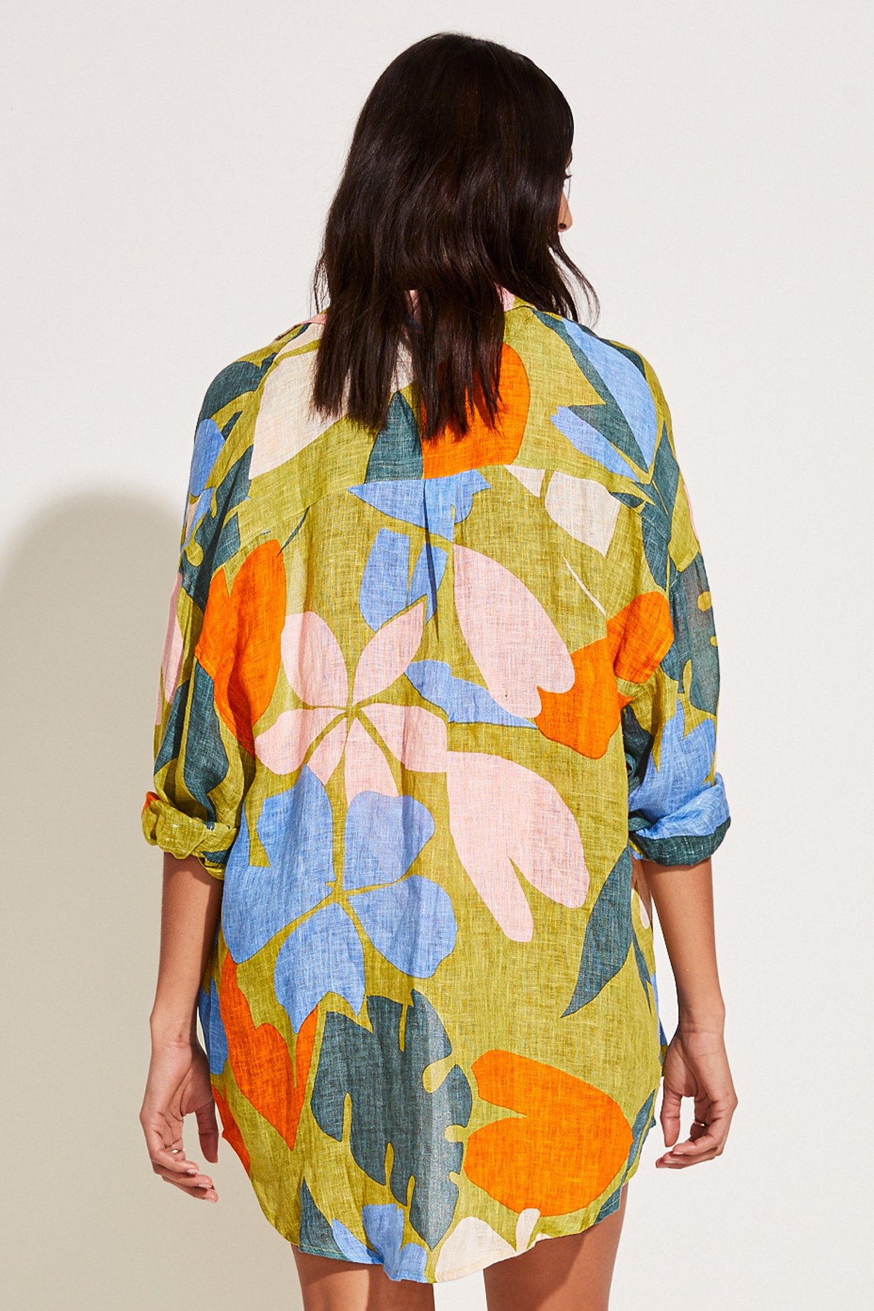 Model posing in Playa Linen Oversized Shirt - EcoLinen Gauze Matisse - Back