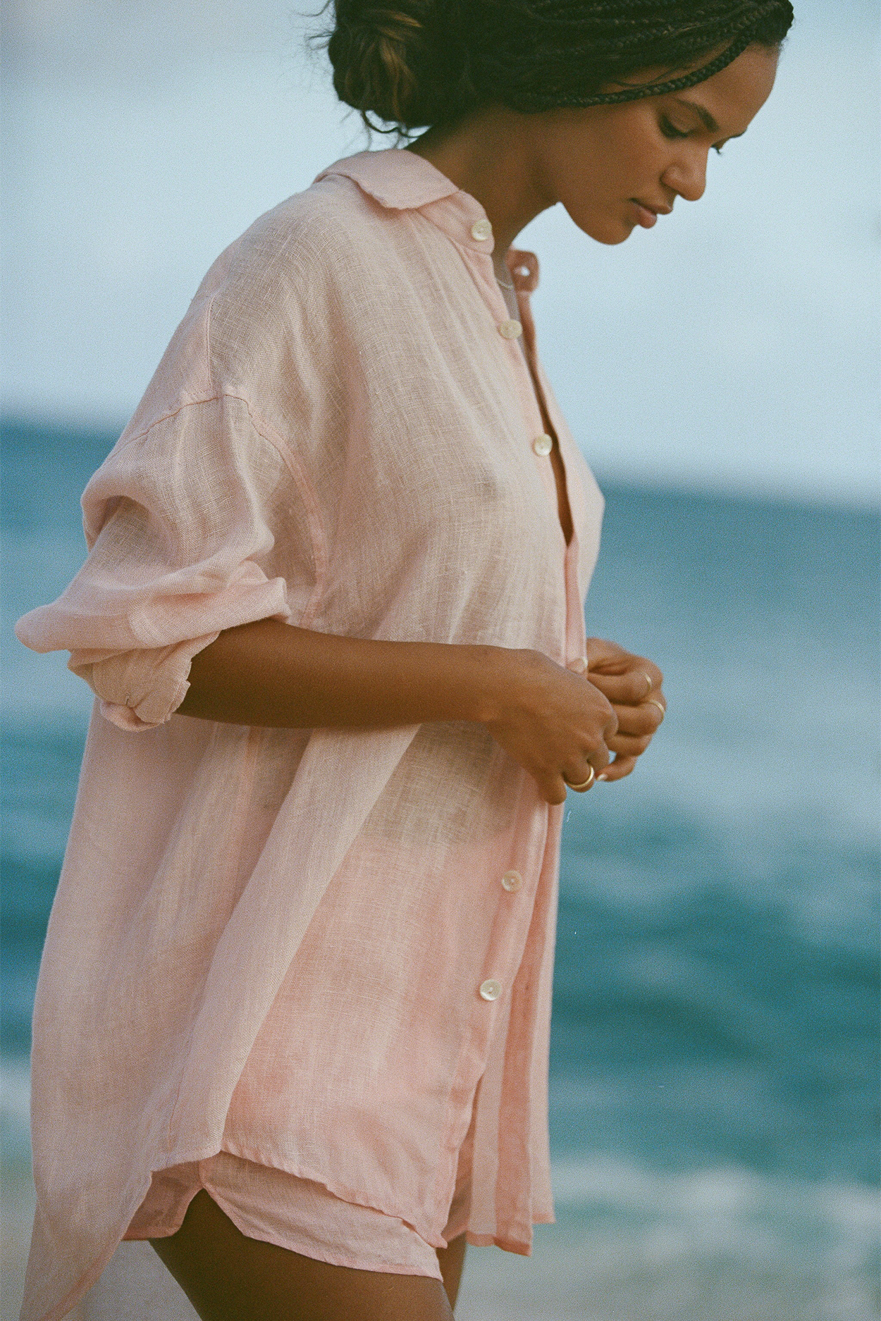 Model posing in Playa Linen Oversized Shirt - EcoLinen Gauze Pink Coral - Front