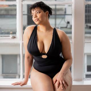 Curvy Kate Sundown Reversible Non-Wired Swimsuit Black Print as worn by @