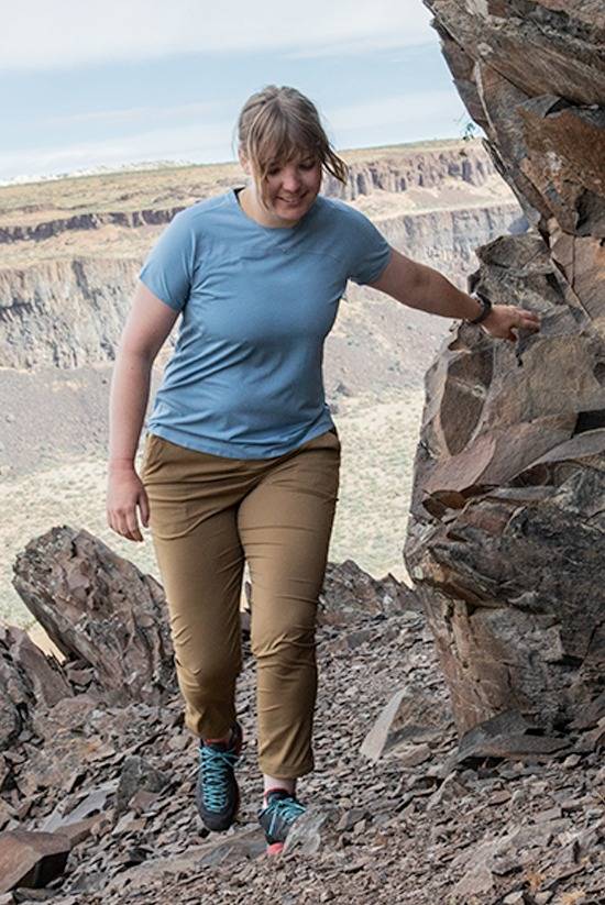 Women on a trail hike while wearing the Tinkham trail pant and the Feathers Tech-T by Beyond Clothing.