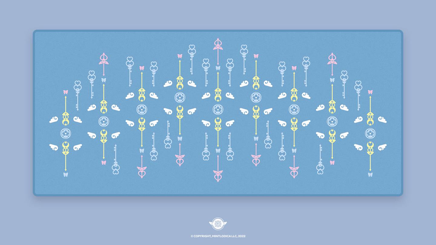 Magic Girl by Mintlodica matching Deskmats or Deskpads in Blue matching the cute anime shoujo manga keycaps. featuring Wands, Familiars, Wings, Ribbons, and Magic Symbols.