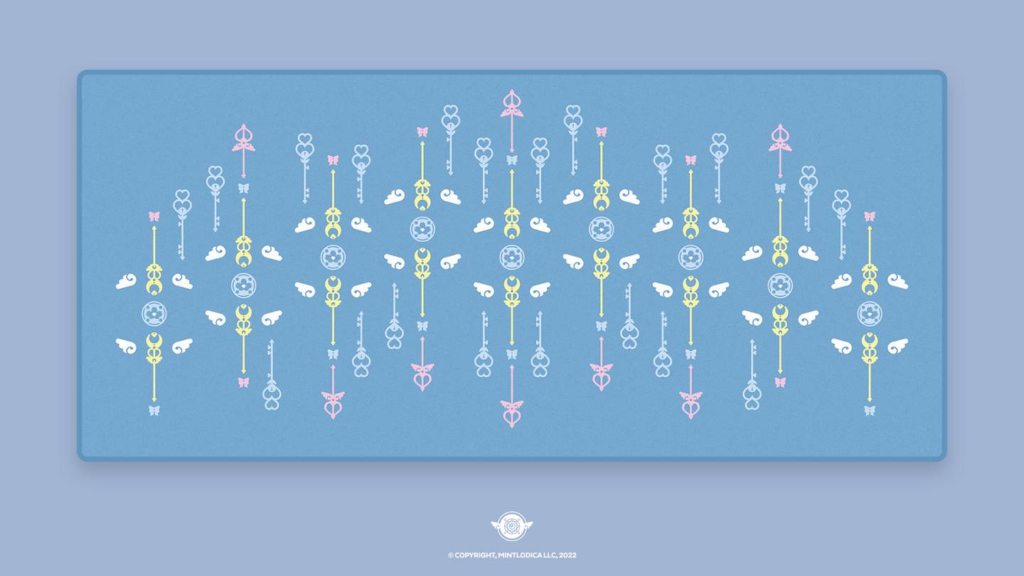 Magic Girl by Mintlodica matching Deskmats or Deskpads in Blue matching the cute anime shoujo manga keycaps. featuring Wands, Familiars, Wings, Ribbons, and Magic Symbols.