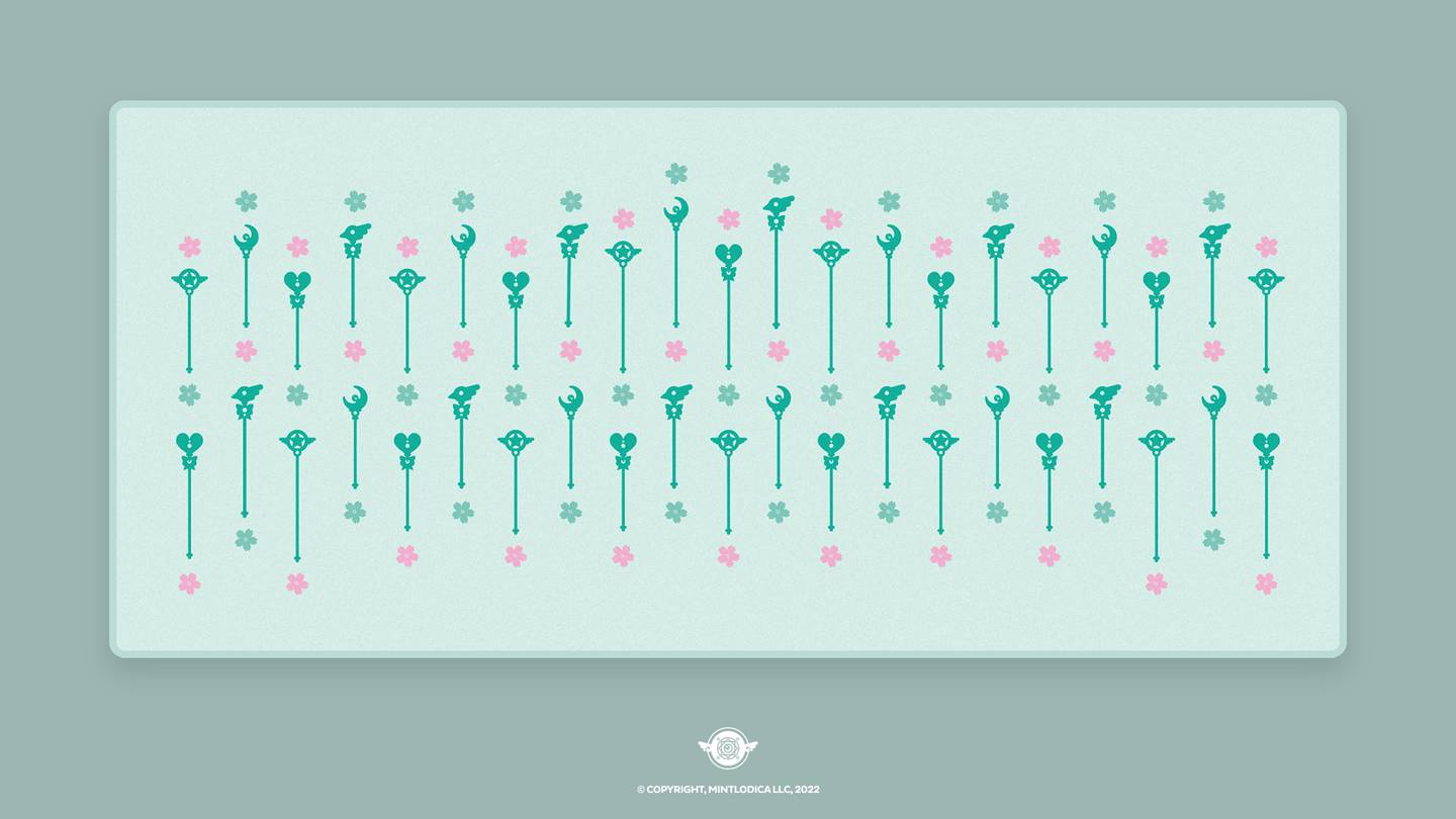 Magic Girl by Mintlodica matching Deskmats or Deskpads in Mint matching the cute anime shoujo manga keycaps. featuring Wands, Familiars, Wings, Ribbons, and Magic Symbols.
