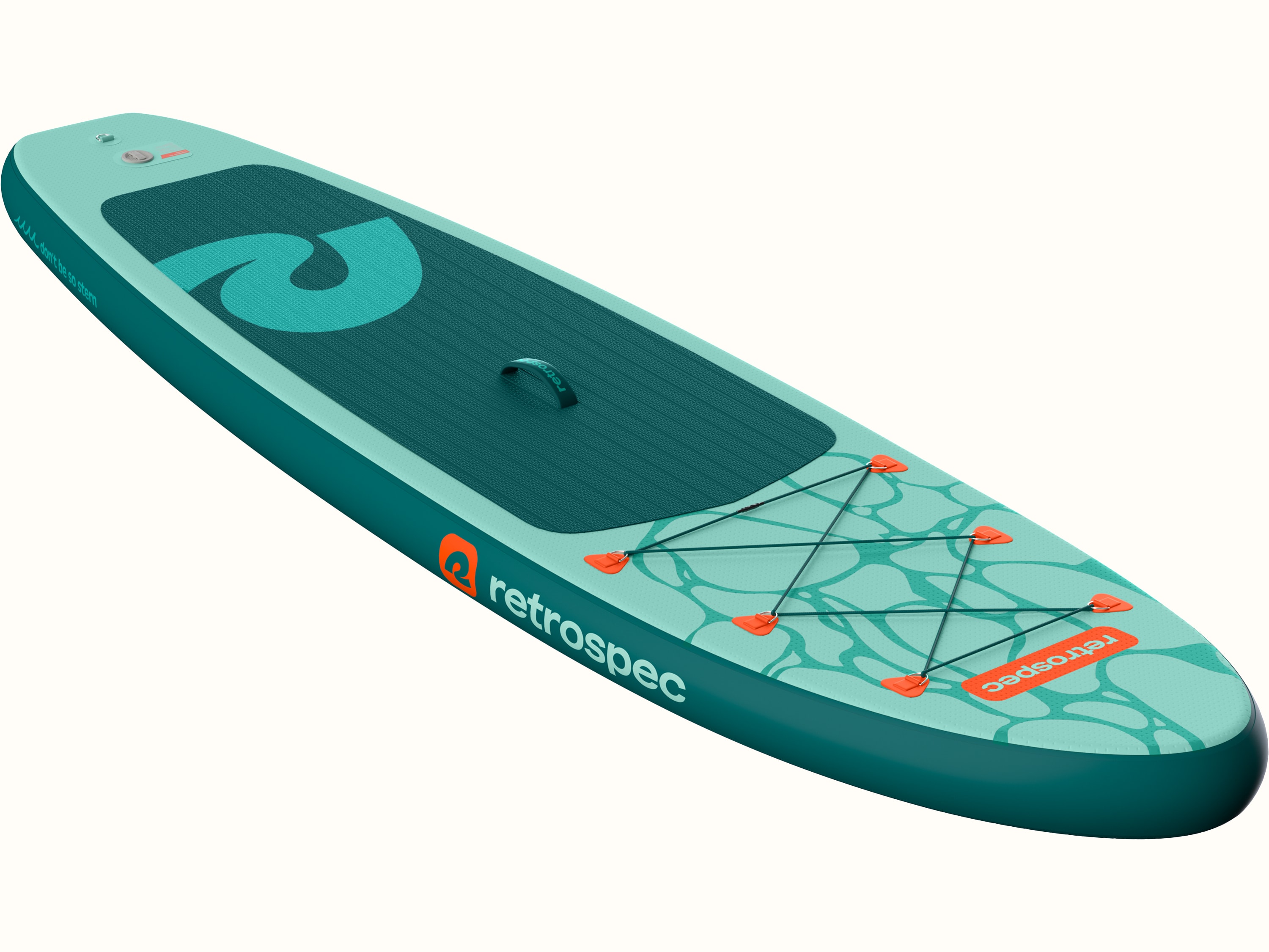 A turquoise Weekender Inflatable Stand Up Paddle Board featuring a textured surface, retrospec logos, and orange bungee cords for storage. Ideal for water sports and leisure.