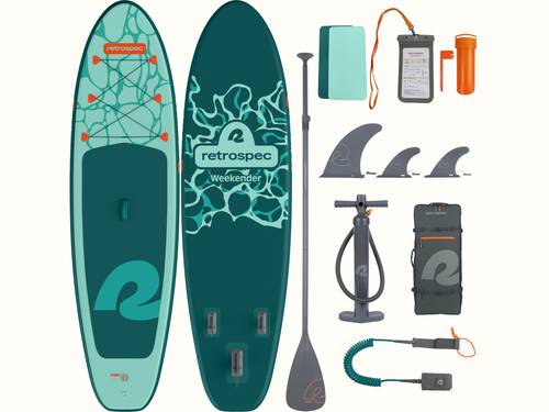 Image of a retrospec Weekender Inflatble paddle board with , featuring the board, paddle, fins, pump, and accessories in teal and gray.