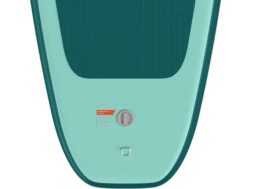 A close up of the tail of the Weekender Inflatable Stand Up Paddle Board, showcasing the air valve and a D-Ring to attach accessories.