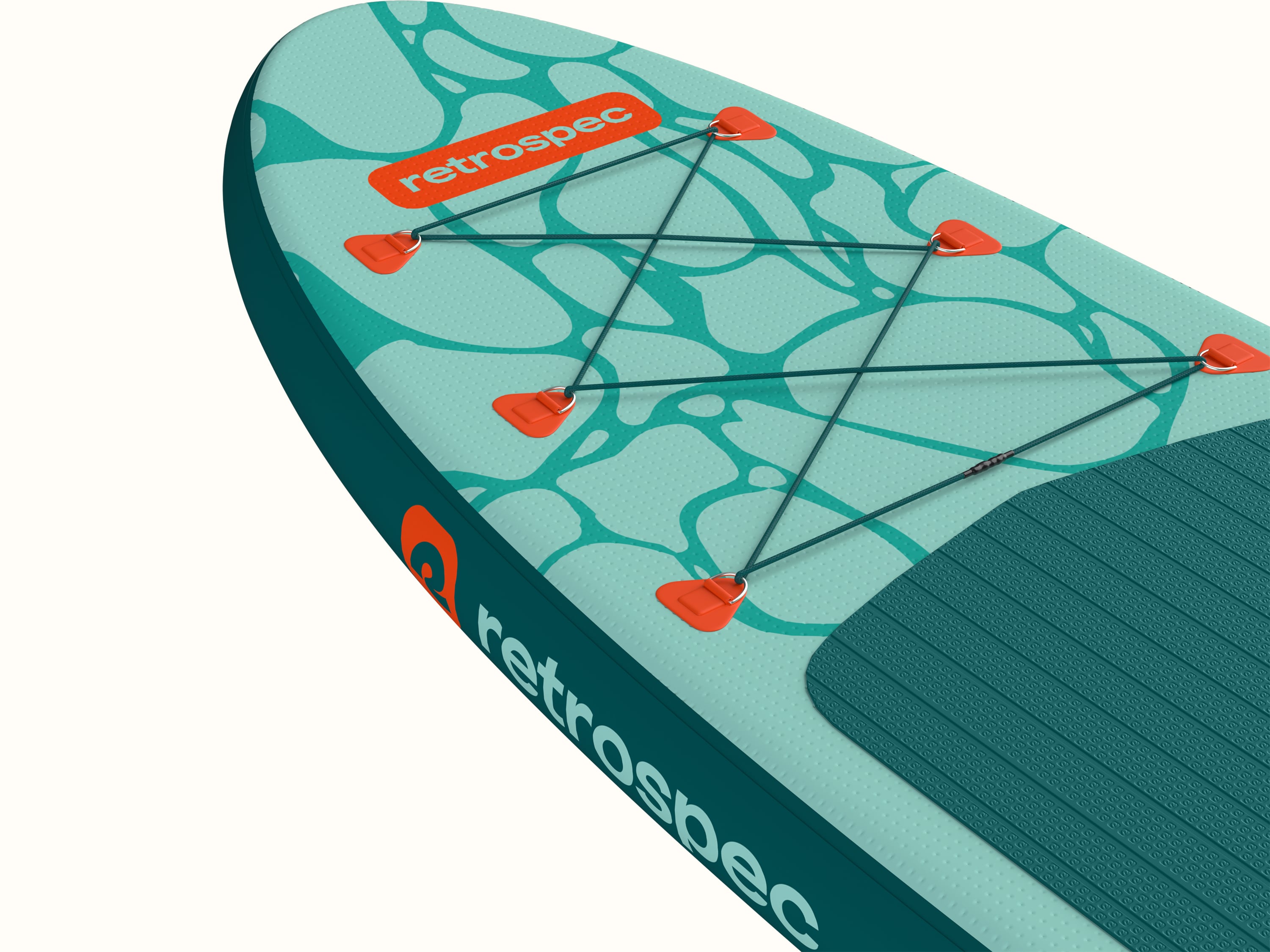 Close-up of a teal Weekender iSUP featuring a textured surface, orange accents, bungee storage, and the 