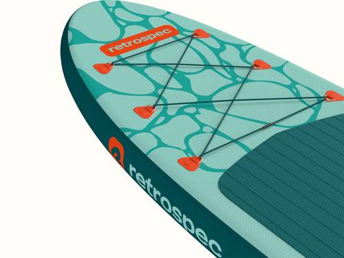 Close-up of a teal Weekender iSUP featuring a textured surface, orange accents, bungee storage, and the "retrospec" logo.