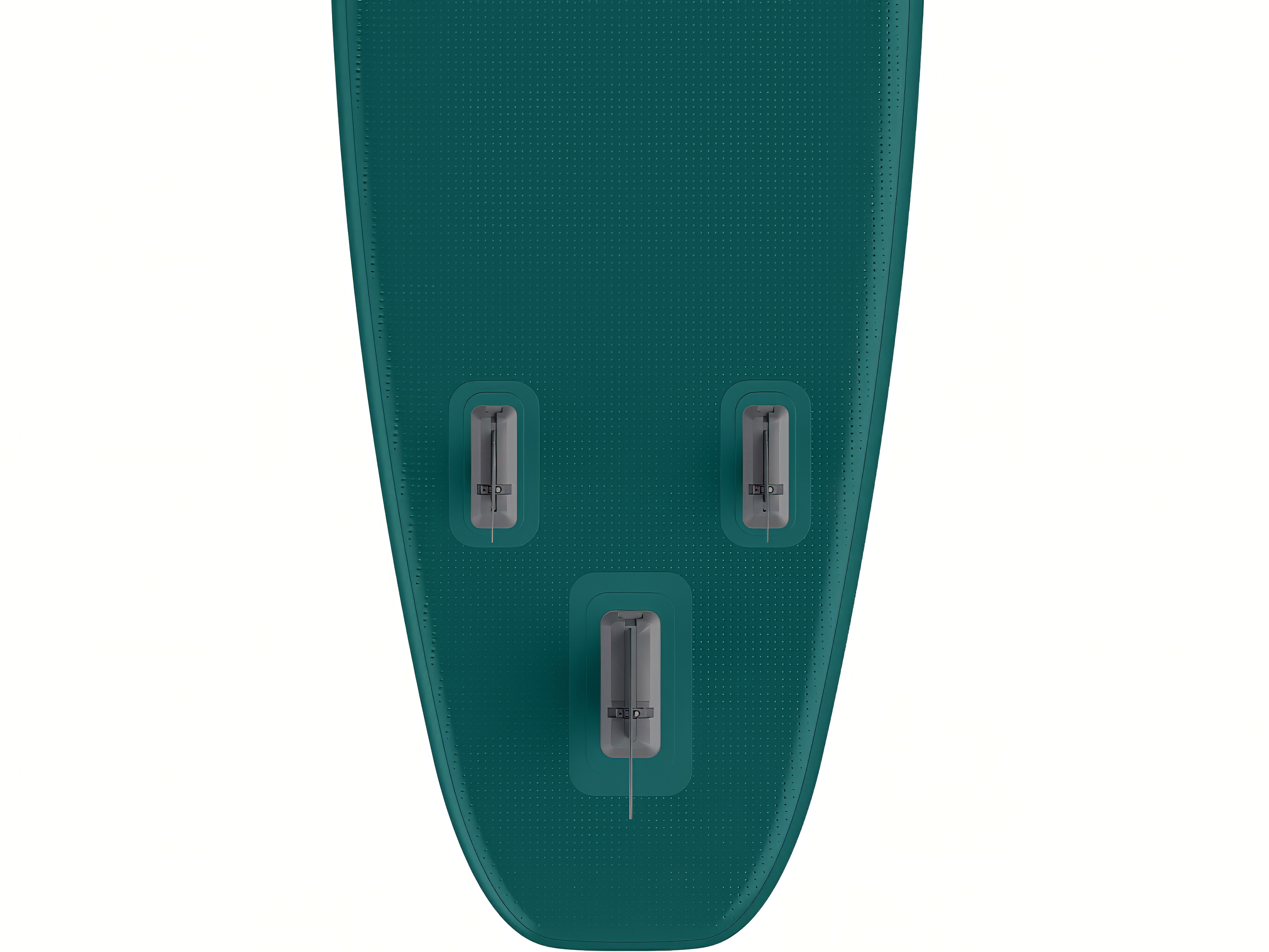 A close-up of the blue green Weekender iSUP's removable fins.
