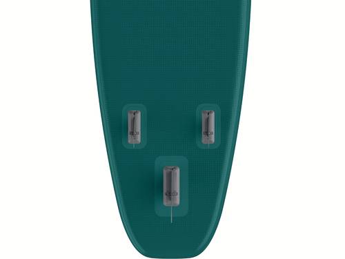 A close-up of the blue green Weekender iSUP's removable fins.